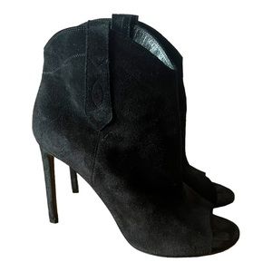 Saint Laurent Black Suede Ankle Western Stiletto Boots Peep Toes IT 39.5 US 9.5